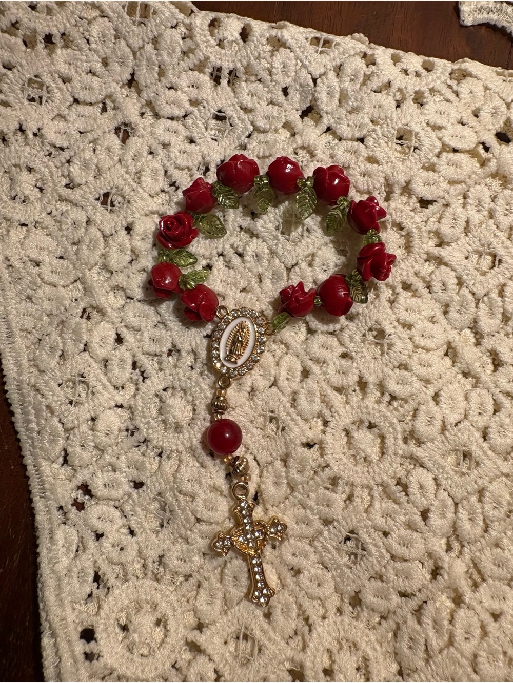 Red Rose Bead Religious Rosary Bracelet with Gold Cross